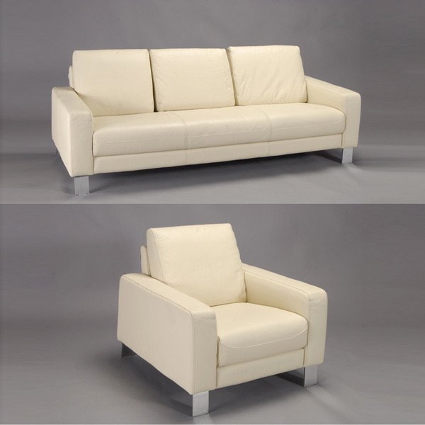 Nicoletti Italy Cream Leather Sofa and Armchair: Nicoletti Italy Cream Leather Sofa and Armchair {Dimensions of sofa 34 x 84 1/2 x 34 inches; chair 34 x 33 x 34 inches}