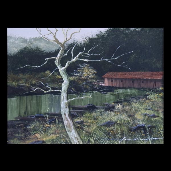 Landscape with Covered Bridge: American School, indistinctly signed Fran Kinagsimo (?). 20th Century. Landscape with Covered Bridge. Oil on board. 6 x 7 1/2 inches. Signed lower right: Fran Kinagsimo (?).