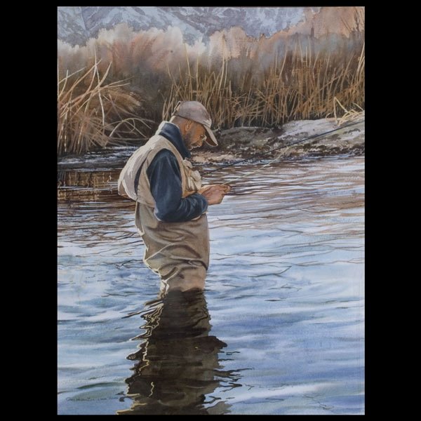 Ray Hunter, Fisherman, American Watercolor Art: Ray Hunter. American, / 21st Century. Changing Flies. Fisherman standing in a stream. Watercolor on paper. Sight: 21 x 16 inches. Signed and annotated lower left: Ray Hunter, cwa / asma. Note: Member 