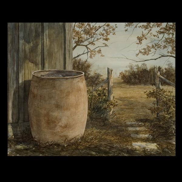 20th Century, American Art. Pa's Barrel.: 20th Century, American Art. Pa's Barrel. Oil on canvas. 20 x 24 inches. Unsigned.