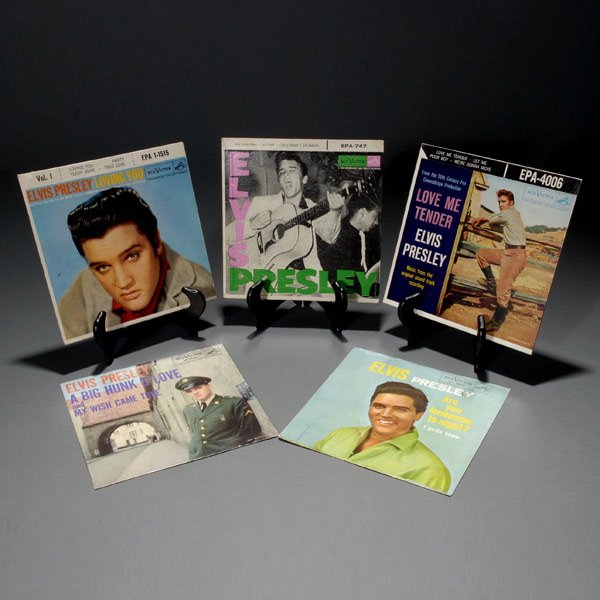 Group of Elvis Presley Picture Sleeves for 7" Vin: Group of 5 Elvis Presley Picture Sleeves for 7" Vinyl, including "Loving You" (RCA Victor EPA 1-1515, VG+), "Are You Lonesome Tonight?" (RCA Victor 47-7810, GD+, 98 cent price stamp on front), "A Big 