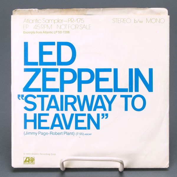 Led Zeppelin "Stairway to Heaven" Promo 7" Record: Led Zeppelin "Stairway to Heaven" Stereo & Mono Promotional 7" Vinyl Record with Picture Sleeve. Stereo/Mono 7" vinyl 1972 promotional sampler from Atlantic records. Label states, "Atlantic Sampler -