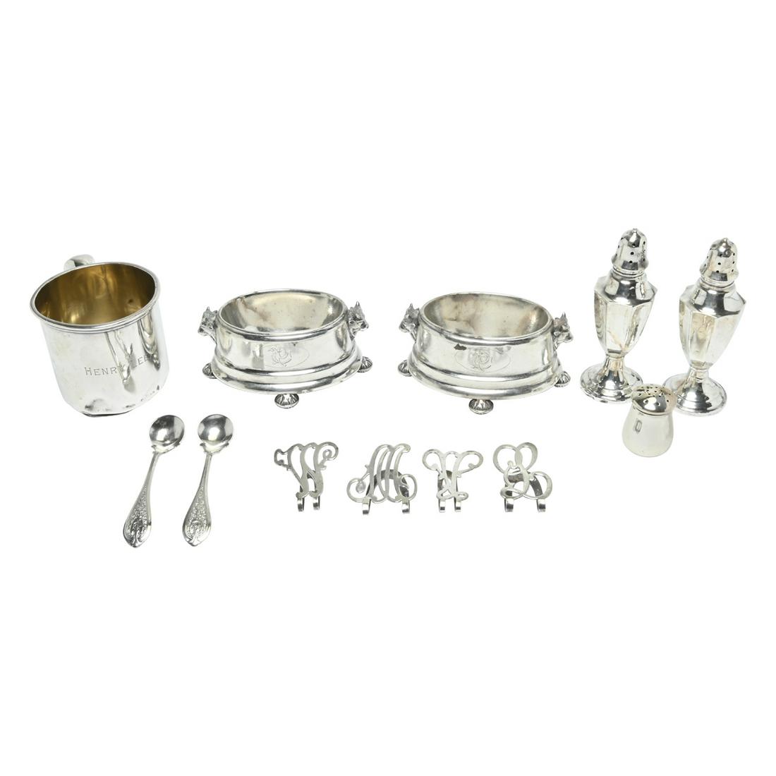 Collection of Sterling Including Eugene Jaccard Salt: Collection of Sterling Including Eugene Jaccard Salt Cellars. Comprising the pair of salts with 'RC' monograms and cow head handles; single salt spoon with matching monogram; Gorham christening cup wi