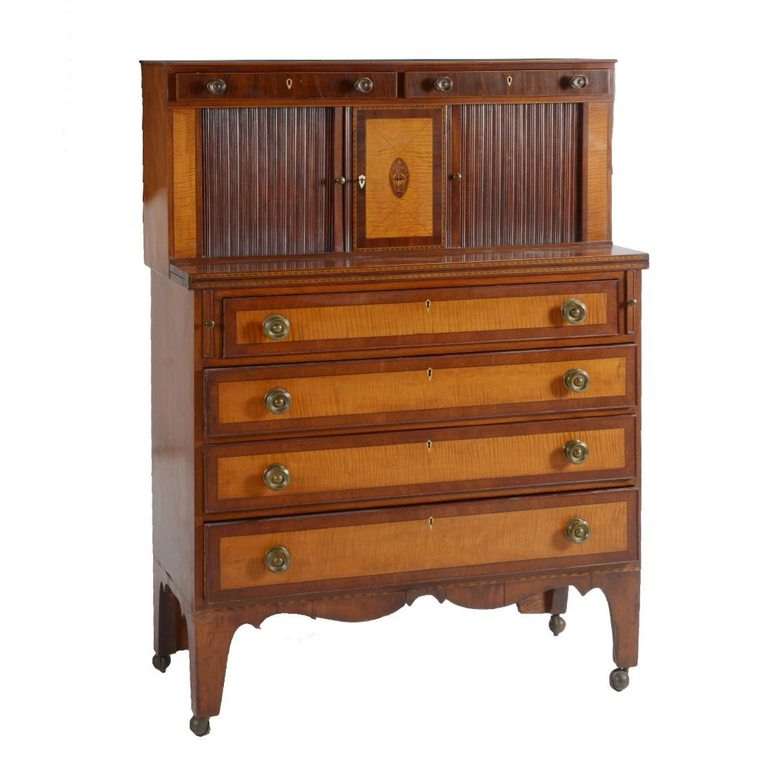 American Federal Inlaid Tambour Secretary Desk, Eastern: American Federal Inlaid Tambour Secretary Desk, Eastern Massachusetts. Figured maple and mahogany primary woods. Rosewood drawers behind tambour doors. Cedar secondary wood. The superstructure with tw