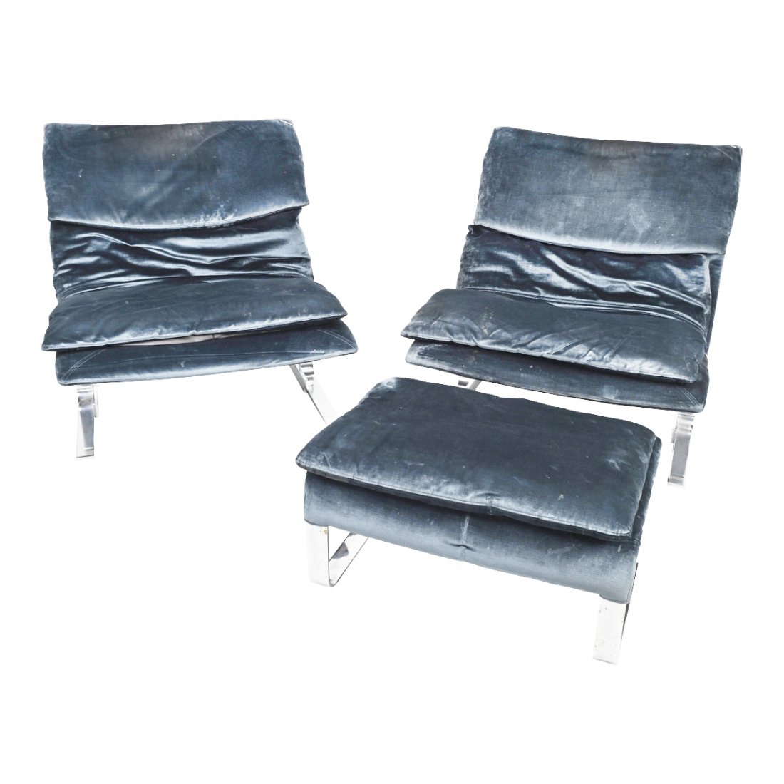 Suite of Saporiti Italia Seating Furniture.: Suite of Saporiti Italia Seating Furniture. Comprising a pair of "Onda" chairs and an ottoman; chrome frames with blue crushed velvet upholstery. Designed by Giovanni Offredi (Italian, 1927 - 2007). {