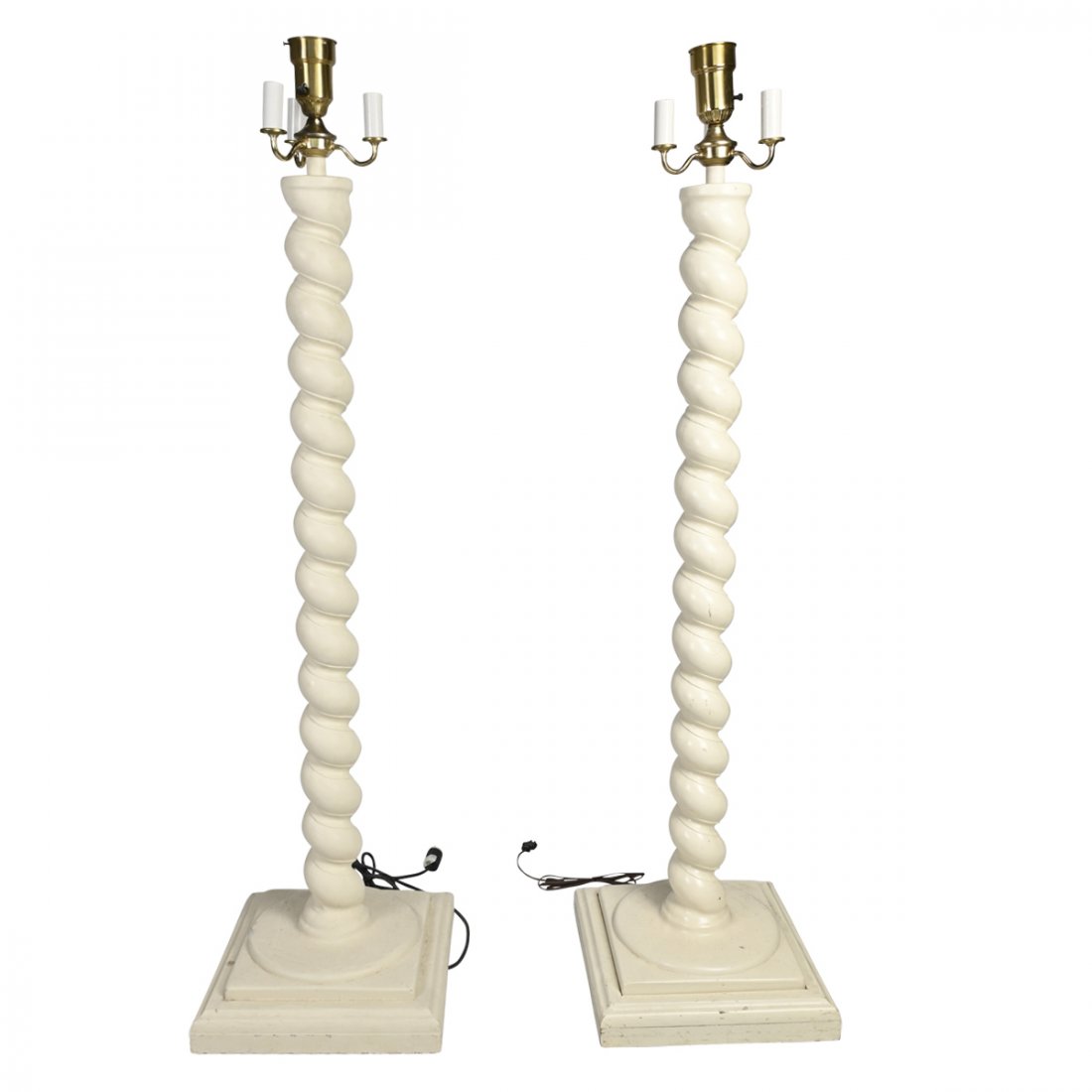 Pair of Michael Taylor Style Floor Lamps.: Pair of Michael Taylor Style Floor Lamps. Each with four lights, white painted plaster barley twist columns. {Approximate dimensions: 71 high x 18 inches wide and deep.}. Provenance: Historic Filoli E