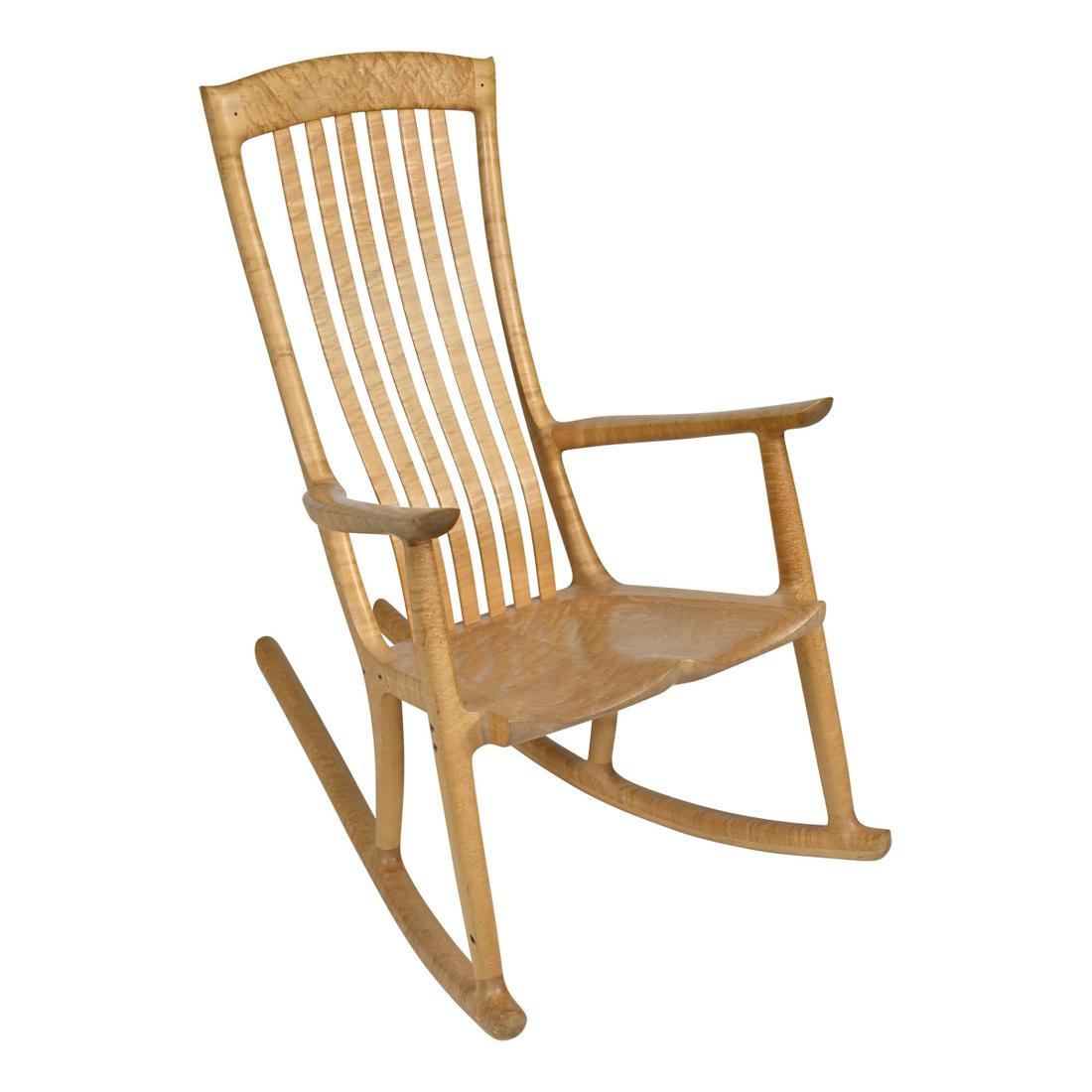 Bird's Eye Maple Slat Back Open Arm Studio Rocking: Robert Erickson Bird's Eye Maple Slat Back Open Arm Rocking Chair. Inscription to the underside reads 'Robert Erickson, 1997 - 50 / Bodie Wagner TEB / Nevada City, California'. 1997. {Approximate dime