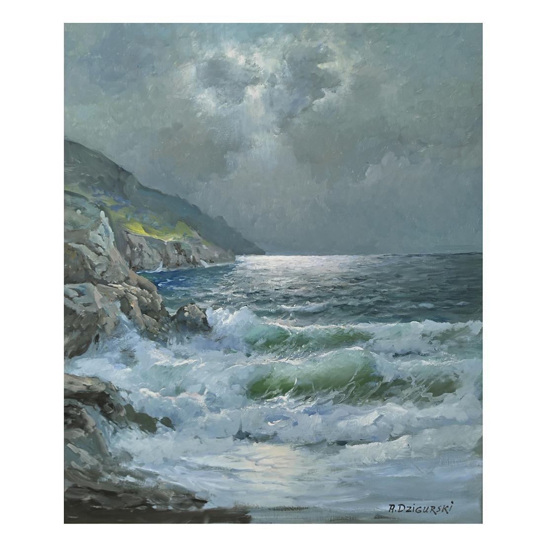 Alexander Dzigurski ''Waves along the California Coast": ALEXANDER DZIGURSKI (America, 1911 - 1995), 'Waves Along the California Coast, '' oil on canvas. Canvas: 23.5 x 20 inches, framed: 32 x 27.5 inches. Signed lower right, stamped verso.