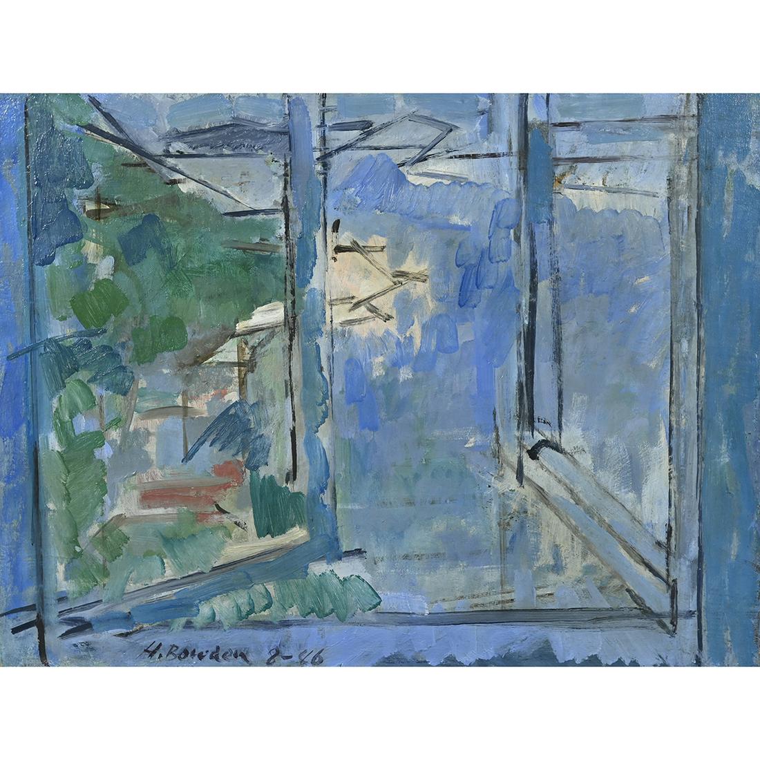 Harry Bowden, Window looking out to Sausalito, 1946,: HARRY BOWDEN (American, 1907-1965), ''Window looking out to Sausalito,'' 1946, Oil on canvas, unframed. 16 x 20 inches. Signed and numbered lower right.