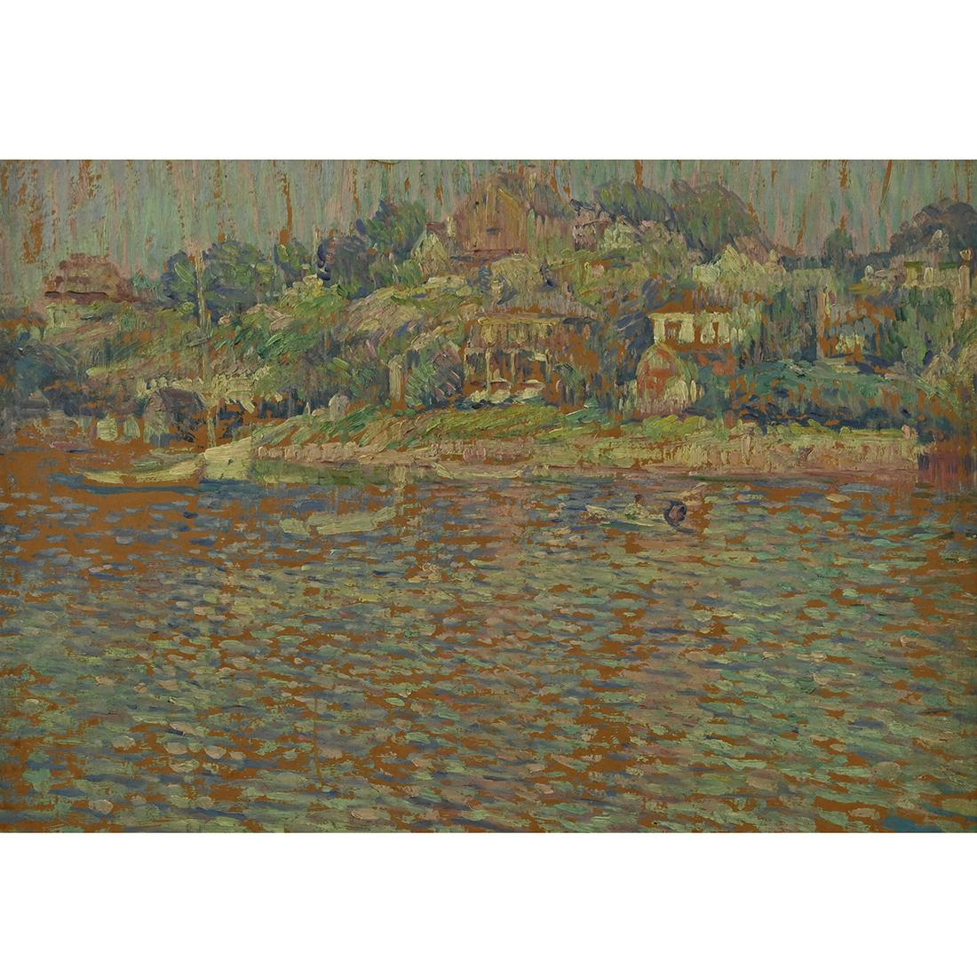 Blanche Gilroy Roberts, Sunny Afternoon on the Water: BLANCHE GILROY ROBERTS (American, 1871-1955), ''Sunny Afternoon on the Water'', oil on panel. Panel: 13.5 x 19. Framed: 22.5 x 28.5 inches. signed verso, titled and dated circa 1950.