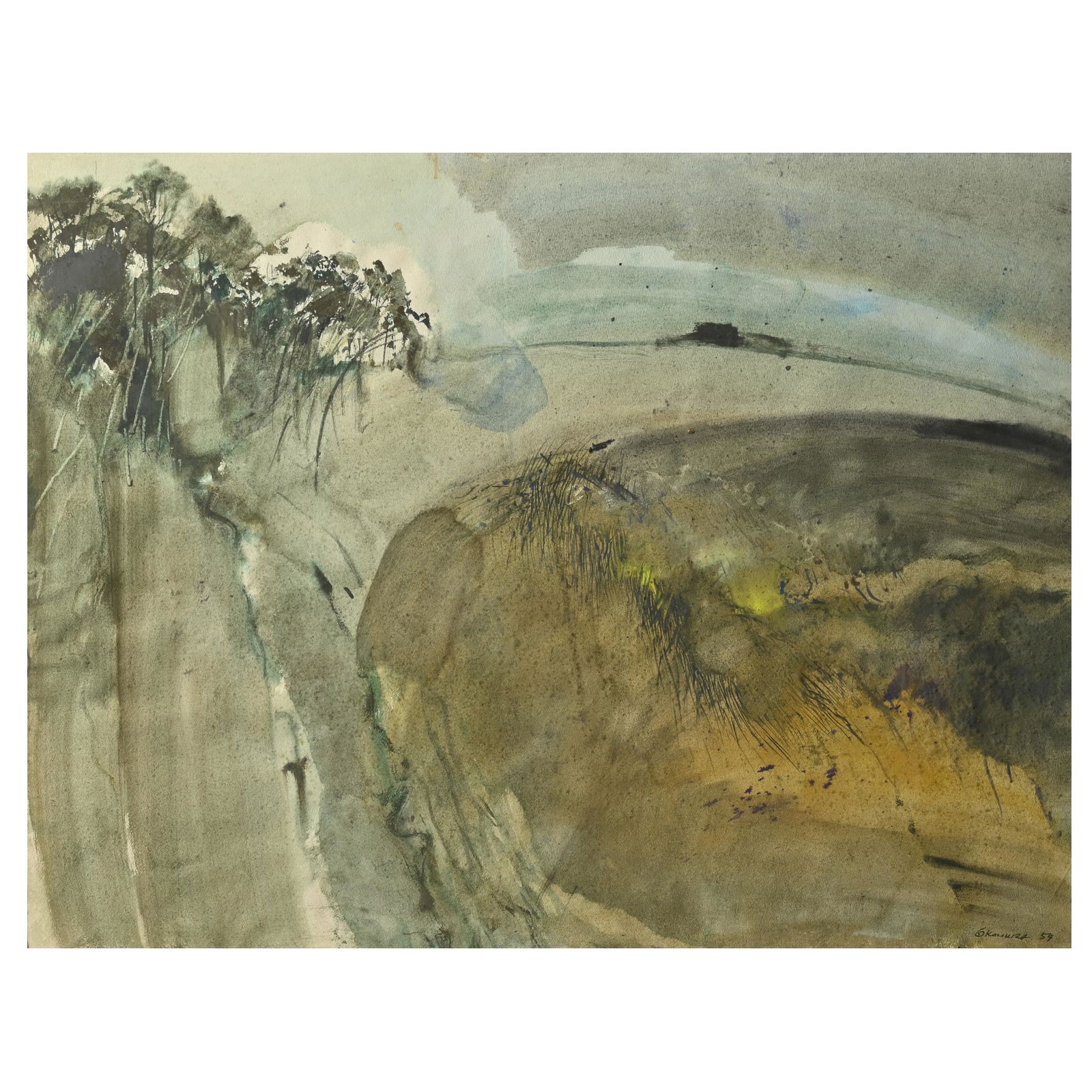 Arthur Okamura, California Coastal Scene, 1959: ARTHUR OKAMURA (American, 1932 - 2009) California Coastal Scene, 1959, mixed media on paper, sight: 19.75 x 25.25 inches. Framed:27.5 x 33.25 inches. Signed lower right and dated.