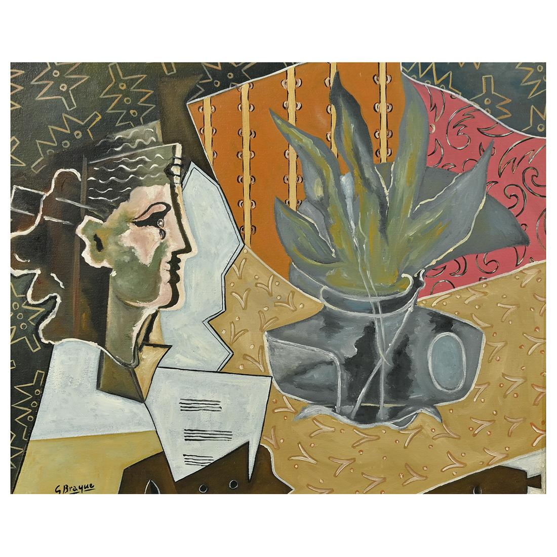 Manner of Georges Braque, Composition with face,: MANNER OF GEORGES BRAQUE (French, 1882-1963), Composition with Face, oil on canvas, Canvas: 15 x 18.18.25 inches, framed: 21 x 24 inches. Bearing signature lower left.