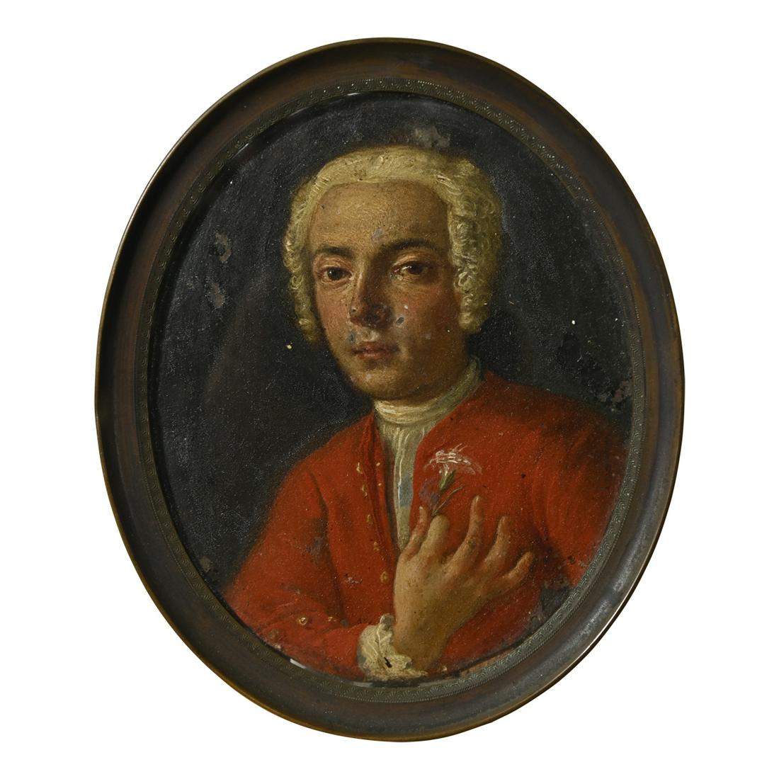 Continental School (18th Century), Portrait, oil on tin: CONTINENTAL SCHOOL (18th Century), Portrait of a Man Holding Flower at His Chest, oil on tin. Overall: 5 x 4 inches.
