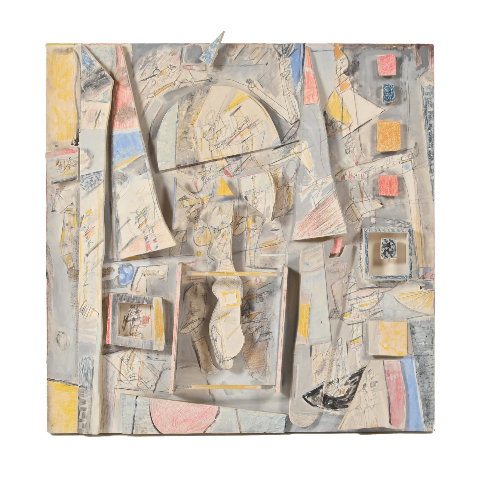 Manuel Marin "Retablo del Circo" mixed media assemblage: MANUEL MARIN (Spanish 1942-2007) "Retable del Circo" 1983, mixed media assemblage on board, 23.25 x 23.5 x 2.25 inches, No visible signature, Galeria Juan Martin Mexico label affixed verso with full c