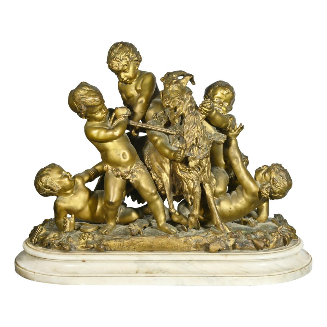 Unknown Artist, Putti at play, bronze on marble base: UNKNOWN ARTIST (Beaux-art), Putti at play on and around a goat, gilt bronze on marble base. H 18 x W 23 x D 10 inches. not signed. Possibly inspired by Albert Ernest Carrier-Belleuse.