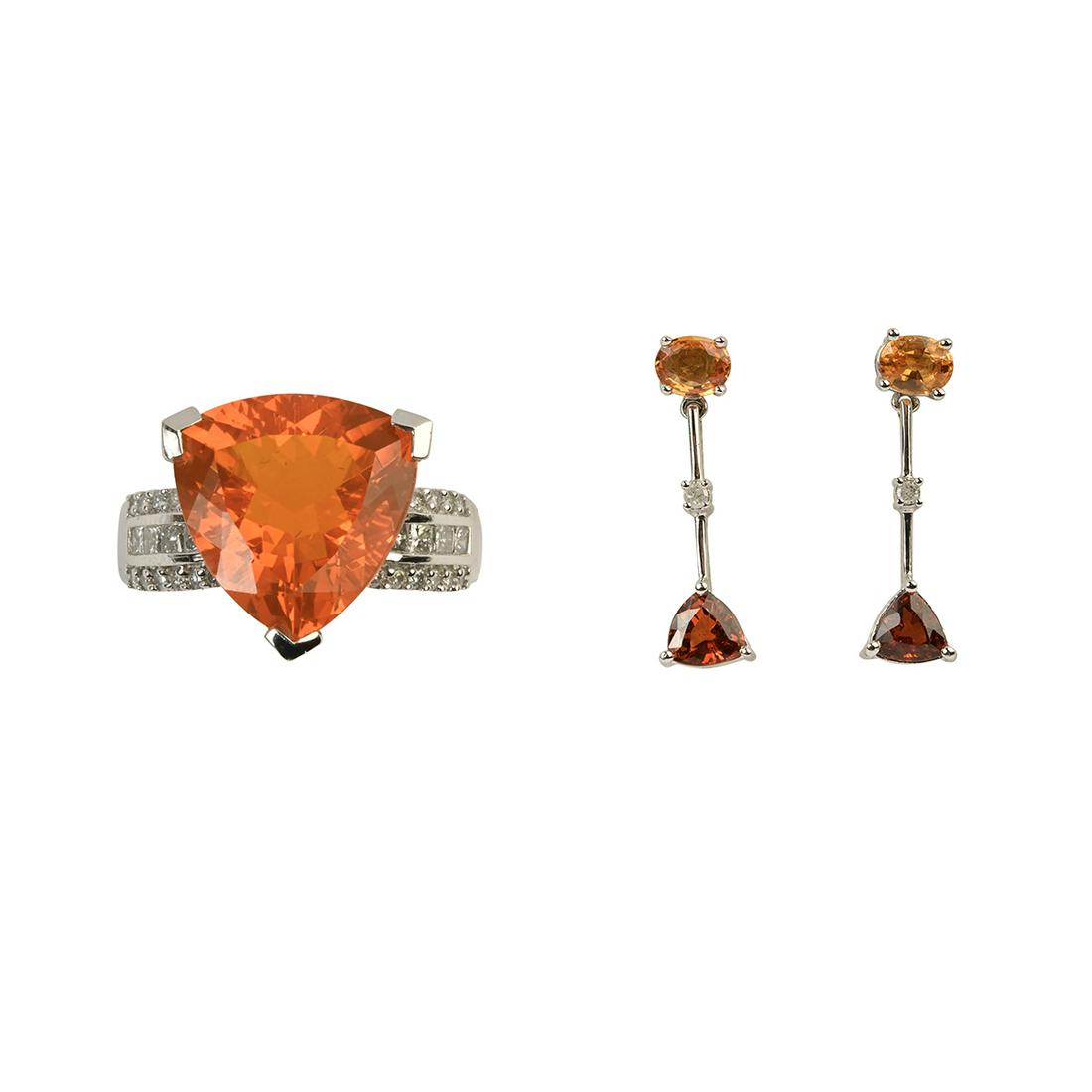 Multi-Stone, 14k White Gold Jewelry Suite.: Multi-Stone, 14k White Gold Jewelry Suite. Including one triangular-cut fire opal, diamond, 14k white gold ring, size 7 1/2 together with a pair of orange garnet, diamond, 14k white gold earrings meas