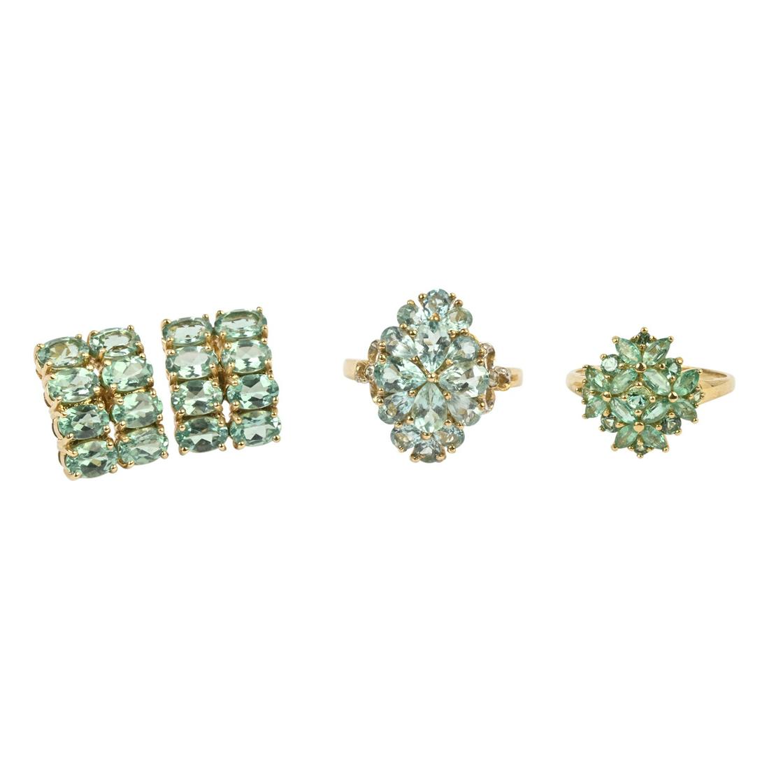 Apatite, Emerald, Yellow Gold Jewelry Suite.: Apatite, Emerald, Yellow Gold Jewelry Suite. Including one emerald, 14k yellow gold cluster ring, size 7 1/2; one pair of apatite, 14k yellow gold earrings measuring approximately 16 x 12 mm together