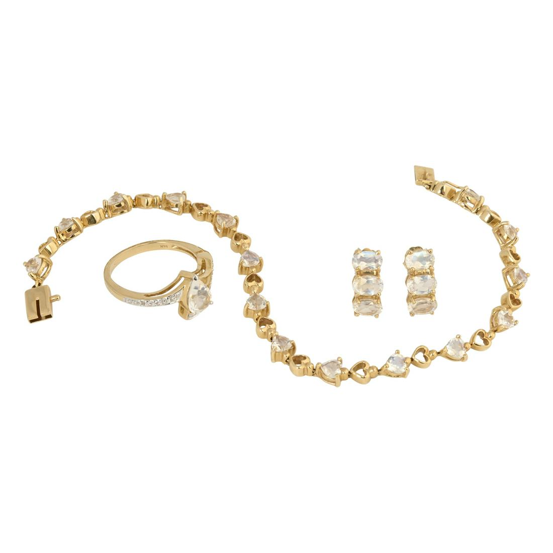 Moonstone, 14k Yellow Gold Jewelry Suite.: Moonstone, 14k Yellow Gold Jewelry Suite. Including one moonstone, 14k yellow gold articulated heart motif link 7 1/2 inch bracelet; one pair of moonstone, 14k yellow gold j-hoop earrings measuring ap