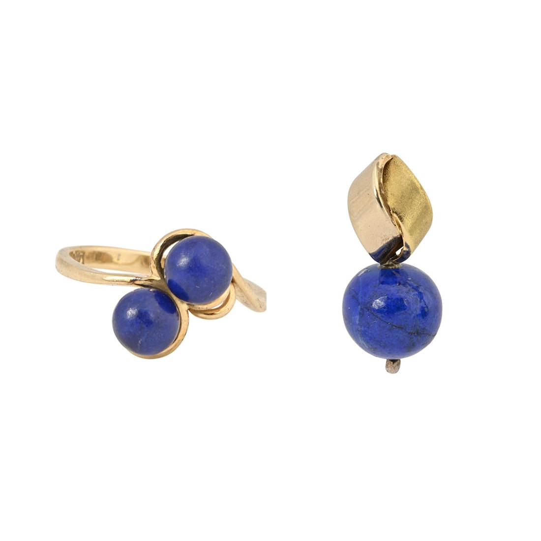 Lapis Lazuli, 14k Yellow Gold Jewelry Suite.: Lapis Lazuli, 14k Yellow Gold Jewelry Suite. Including one lapis lazuli bead, 14k yellow gold slide pendant measuring approximately 31 x 13 mm together with a lapis lazuli, 14k yellow gold ring, size 