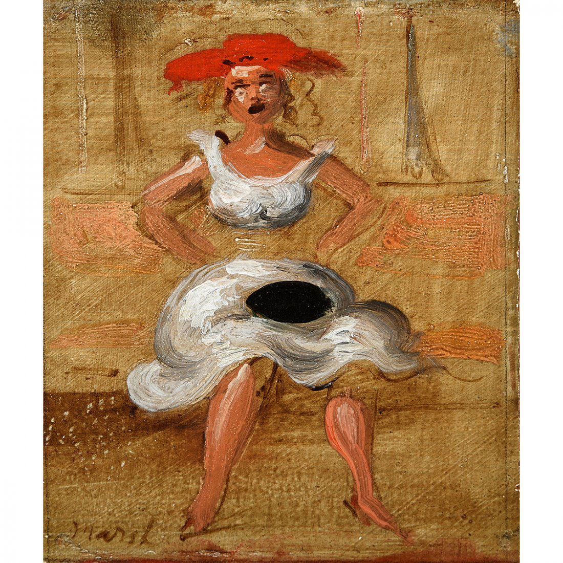 Reginald Marsh, "Seated woman in Subway," oil on panel: REGINALD MARSH (American, 1898-1954), "Seated woman in Subway," oil on gessoed panel, signed lower left, 4.625 x 4 inches / 11.74 x 10.16 cm; Frame: 10 1/4 x 10 3/8 inches. Provenance: Davis Galleries