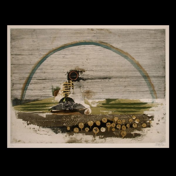 JOHNNY FRIEDLANDER ETCHING AQUATINT: JOHNNY FRIENDLANDER. (German, 1912-1992). "Rainbow", Color etching and aquatint. Circa 1965. Image: 15 3/4 x 21. Numbered 51/100, signed lower right. (In good condition, paper lightly browned in margi