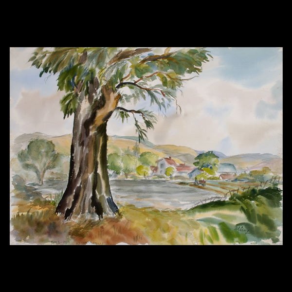 Ted Lewy, California Landscape Watercolor: Ted Lewy. Californian 1912-1963. Pescadero Calif. Sept 5 1959. (Sketch of Japanese temple verso) Watercolor on paper. 22 1/4 x 30 1/2 inches. Signed lower right: Ted Lewy. Condition: Unframed. pin hol