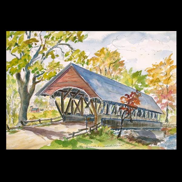 Ted Lewy, Three Watercolors Landscapes: Ted Lewy. Californian 1912-1963. Group of three watercolors: Autumn landscape, Covered Bridge, and Montara California. Autumn: 13 1/2 x 18 3/4. Bridge: 11 x 14 1/2 inches. Montara: 16 x 22 inches. Aut