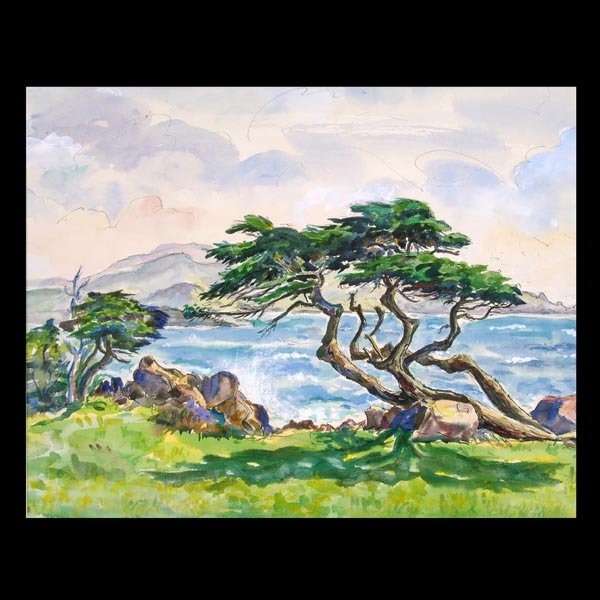 Ted Lewy, California Landscape Watercolor: Ted Lewy. Californian 1912-1963. On 17 Mile Drive in Carmel by the Sea. Watercolor on paperboard. 12 3/4 x 16 3/4 inches. Titled and signed verso Condition: Unframed. a few very light spots of surface