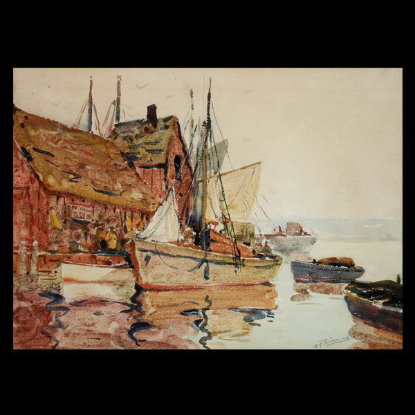 Anthony Thieme, Rockport Harbor, watercolor: Anthony Thieme (America 1888-1954) Rockport Harbor: Motif #1 Framed watercolor, 15 x 21 inches Pencil signed lower right AL Thieme