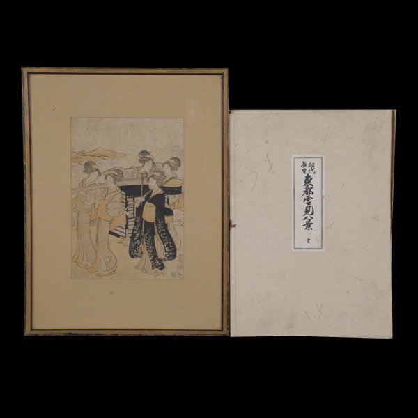 Collection of Japanese Woodblock Reproductions: Collection of Japanese Woodblock Print Reproductions. Includes an album of six signed prints of various landscape scenes, together with one signed framed print of ladies. {Each album image 10 x 15 inc
