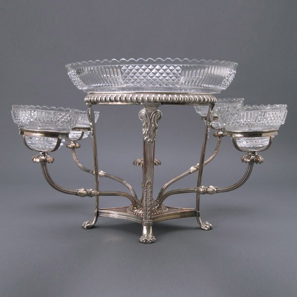 Sheffield Epergne with Five Cut Glass Bowls: Sheffield Epergne with Five Cut Glass Bowls {Height 12 inches, diameter 15 1/2 inches} [A few small chips to glass bowls]