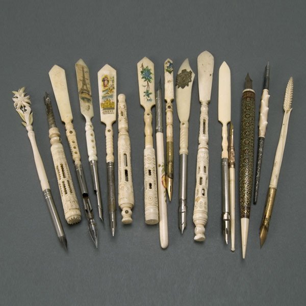 16 Ivory or Ivorine Handled Vintage Fountain Pens: Collection of Sixteen Ivory or Ivorine Handled Vintage Fountain Pens: including a Levantine pen, one carved like a piece of wood, and four Chinese puzzle examples {Length of Levantine 8 inches}