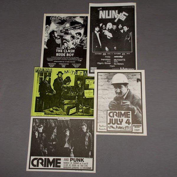 155 Punk Posters incl Clash, Crime, Mabuhay Garden: Approximately 155 Punk Rock posters and fliers, 1977 & on, many from Mabuhay Gardens with artwork by James Stark, bands include Crime, the Nums, Avengers, Mutants Plus The Clash in Rude Boy movie post