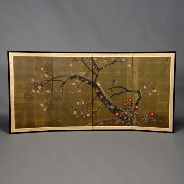 Japanese Four Panel Floor Screen, Signed: Japanese Four Panel Floor Screen, Signed. A single bird rests upon the branches of a large cherry blossom tree with pink and red flowers, a golden brown tiled ground, signed with seal on lower right. 