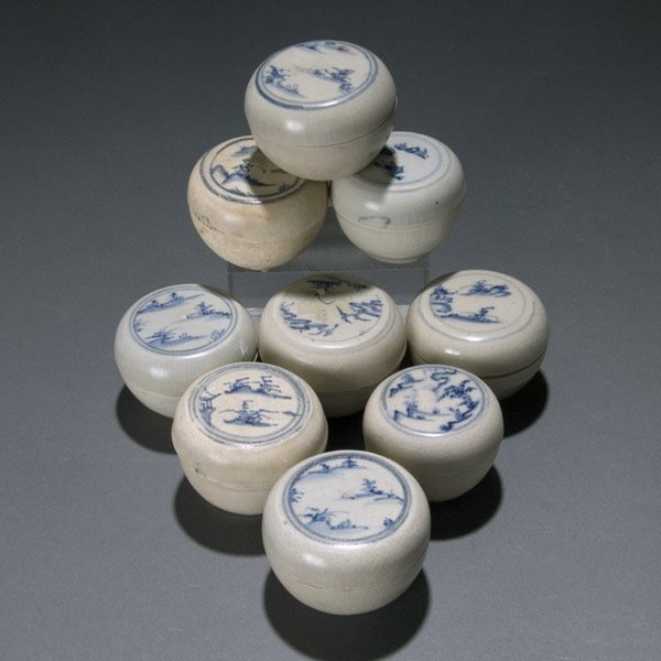 32 Hoi An Hoard B/W Vietnamese Boxes: Thirty-two Hoi An Hoard Blue and White Vietnamese Boxes with Landscape Motif,Late 15th/Early 16th Century {Average height 1 3/4 inches,average diameter 2 3/8 inches}