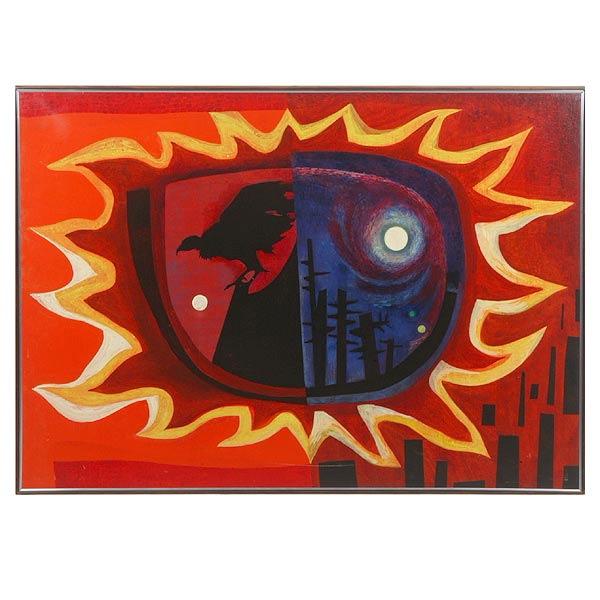 Irene Lagorio, Condor Oil Painting.: IRENE LAGORIO (American, 1921-1994) "Black is the Forest of the Condor". Oil on canvas. 35 1/2 x 40 Inches. Signed l/r: Irene Lagorio. Signed, addressed and titled verso: Irene Lagorio, first & Missio