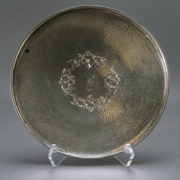 Gorham Hammered Sterling Salver, Initialed: Gorham Hammered Sterling Salver, Initialed, #1764A {Total silver weight 13.98 troy oz; diameter 11 3/8 inches}