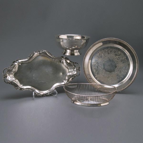 Four Silver Plate Wares: a Gorham bread basket: Four Silver Plate Wares: a Gorham bread basket and Revere Style bowl; a Pairpoint quadruple plate tray; and another tray {Height of bowl 4 1/4 inches; length of basket 11 1/4 inches}