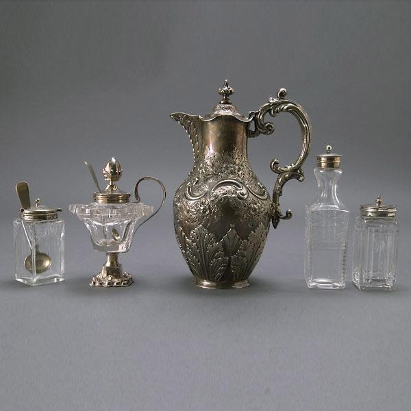 Walker & Hall Sheffield Coffee Pot & Four jars: Walker & Hall Sheffield Coffee Pot; together with four silver or plated covered cruet or jam jars (5) {Height of pot 10 inches; height of tallest cruet 6 1/2 inches} [Pot with bent rim]