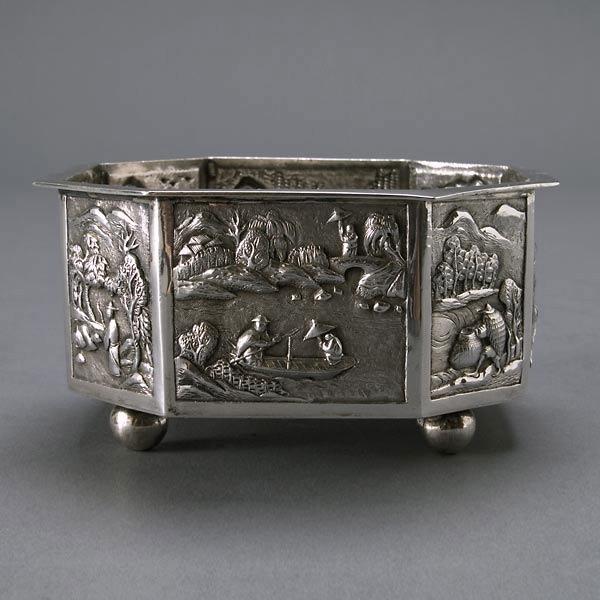 Chinese Silver Dish Wang Hing & Co. Hong Kong: Chinese Export Octagonal Silver Dish with Ball Feet, stamped "90" "WH", Wang Hing & Co. Hong Kong {Total silver weight 4.67 troy oz; height 2 inches, diameter 4 1/8 inches}