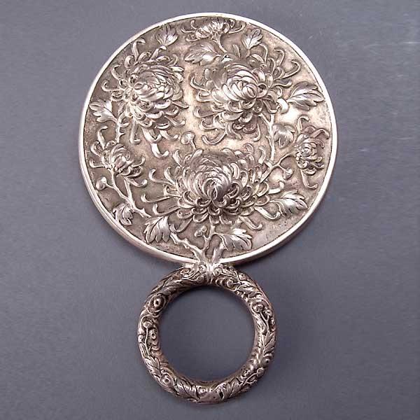 Chinese Export Silver Hand Mirror w/Chrysanthemum: Chinese Export Silver Hand Mirror with Chrysanthemums, Shanghai, Late 19th/Early 20th Century {Height 8 inches} [Mirror worn]