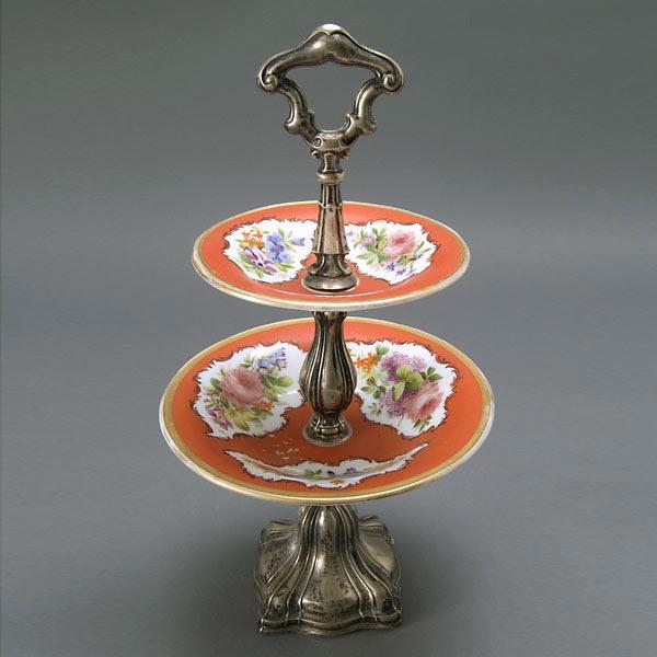 Continental Opaline Glass Two Tier Candy Dish: Continental Painted Opaline Glass Two Tier Candy Dish in the Russian Taste {Height 16 3/4 inches} [Wear]