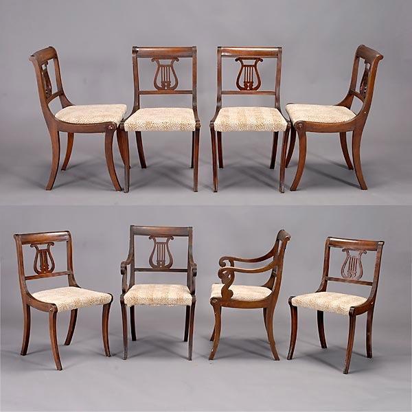Set of Eight Duncan Phyfe Style Chairs: Set of Eight Duncan Phyfe Style Chairs {Dimensions of armchair 35 x 21 x 20 inches}