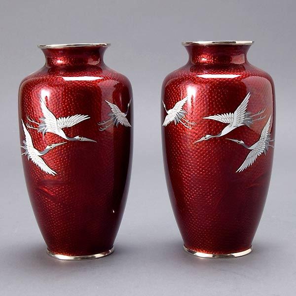 A Pair of Sato Cinnabar Cloisonné Vases: A Pair of Sato Cinnabar Cloisonné Vases, with white cranes and subtle bird and bamboo decorations {Height 7 1/4 inches}