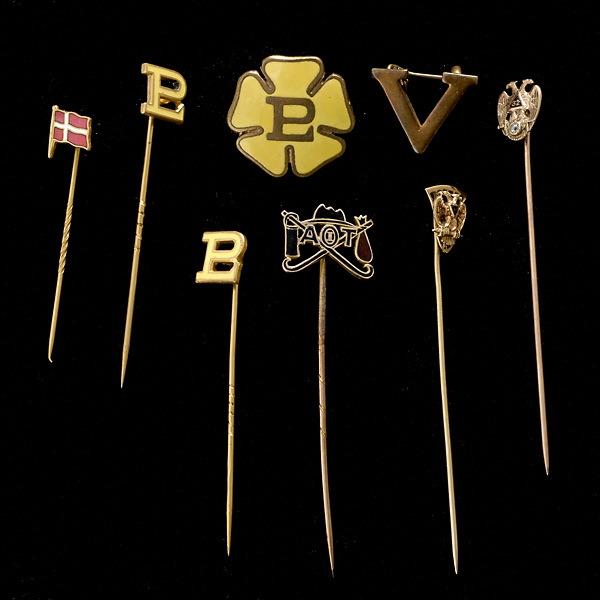 COLLECTION OF EIGHT DIAMOND, GOLD, METAL PINS: COLLECTION OF EIGHT DIAMOND, ENAMEL, 14K, 10K, 9K, METAL PINS. Including one diamond, 14k yellow gold Masonic stickpin; one enamel, 14k yellow gold stickpin; one enamel, 9k yellow gold stickpin; one e