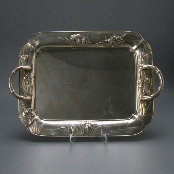 Arthur & Bond Sterling Tea Tray: Japanese Two Handled Silver Tray The dish form tray with the border deeply chased in repousse with stalks of irises growing out of stylized ponds, cast with two faux bamboo form handles, each piece st