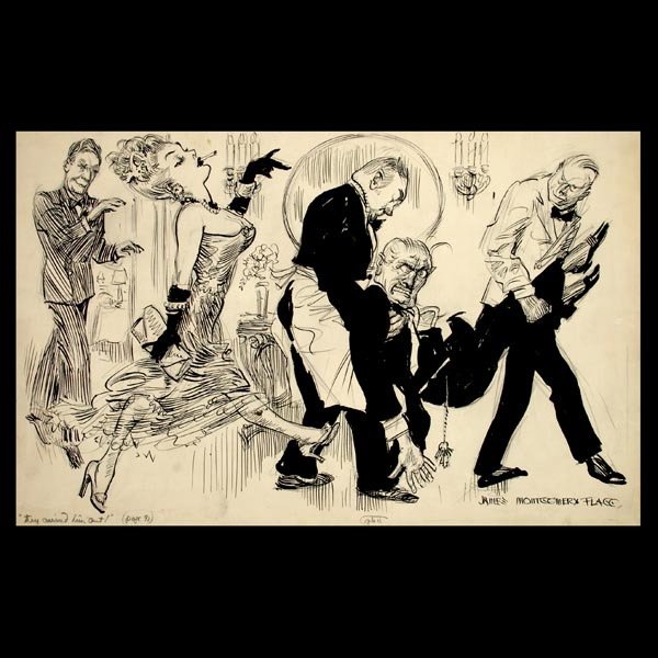 JAMES MONTGOMERY. FLAGG ILLUSTRATION 1940S: JAMES MONTGOMERY FLAGG (American, 1877-1960) They carried him out Ink on paper, circa 1940s Image: 12 1/4 x 20 inches Signed lower right, titled lower left Good condition, right edge has minor paper w