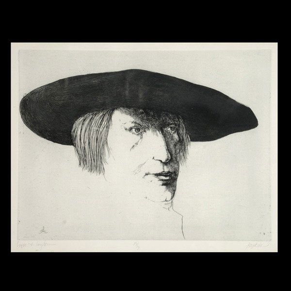 LEONARD BASKIN, Ethcing of "Lucas Leyden": LEONARD BASKIN (American, 1922-2000) Lucas Van Leyden Etching, 1963 Sight: 18 x 23 inches Signed lower right, numbered 59/90 , titled lower left Verso: Certificate of Authenticity issued by Associated