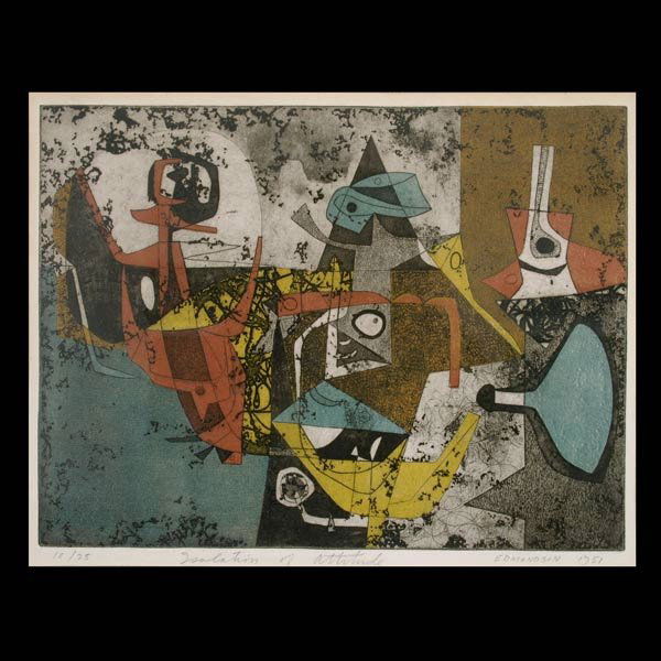 LEONARD EDMONDSON. MODERN PRINT 1951: LEONARD EDMONDSON. (American, born 1916) "Isolation of Attitude" Color soft ground etching with aquatint, 1951 Image: 10 3/4 x 14 3/8 inches Numbered 10/25, titled, signed, dated along bottom Matted,