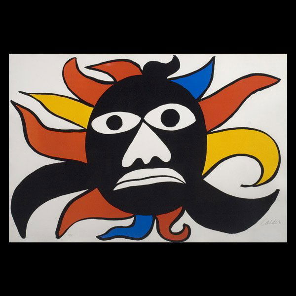 Alexander Calder lithograph: ALEXANDER CALDER (American, 1898-1976) Black Sun - Black Man Color lithograph, 1969 27 1/2 x 43 1/2 inches Signed lower right and numbered 51/75 lower left Appears to be in excellent condition. Matted